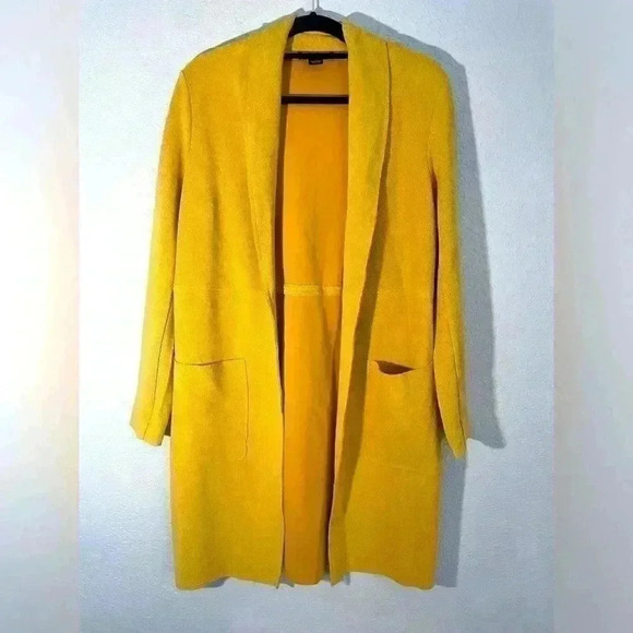 Joan Vass Golden Yellow Lightweight Faux Leather Long Open Concept Coat Sz Small - Picture 1 of 7
